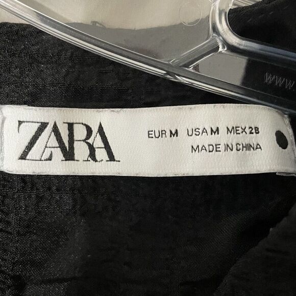 ZARA Women’s Black Seersucker 3/4-Sleeved Tiered Mini Dress Medium Peasant Boho - Picture 6 of 7